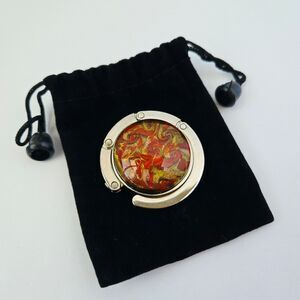 Foldable Purse Holder Hook for Handbag Table Bar Gold Red Swirl Glass Cabochon